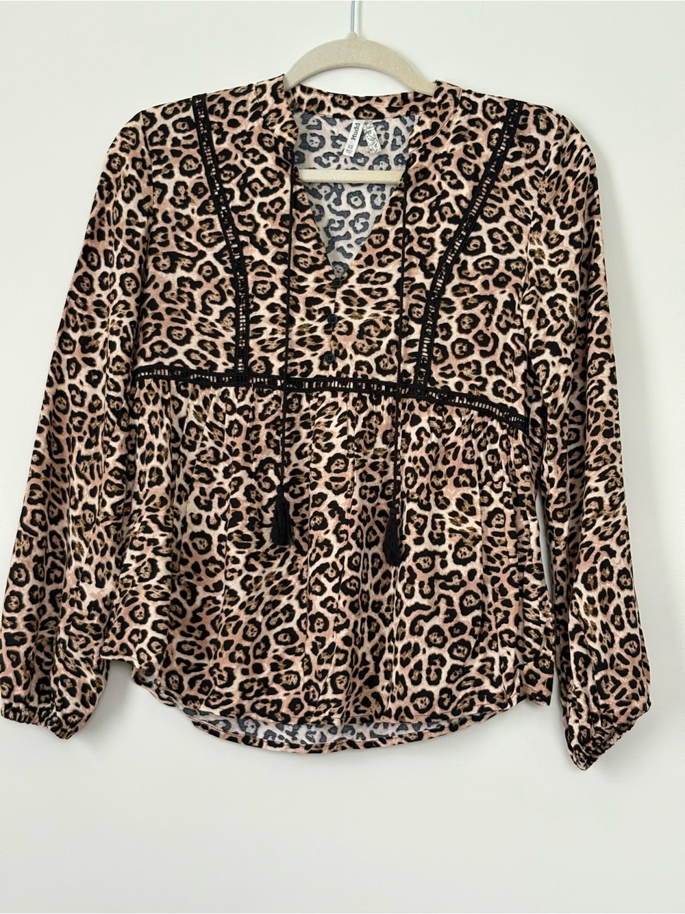 Mudd Leopard Print Tassel Peasant Blouse Women’s XS Boho